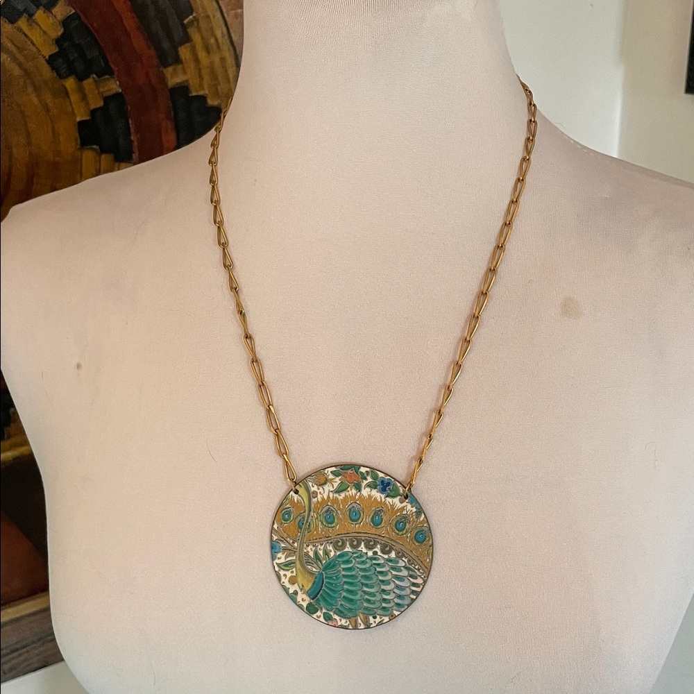 Vintage Brass Hand Painted Peacock Design Pendent Necklace